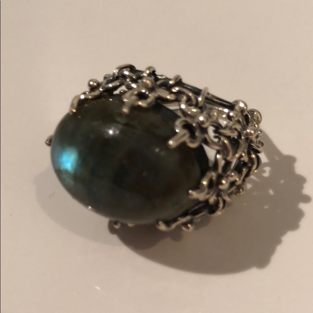 LABRADORITE SILVER METAL INTRICATE  DESIGN RING